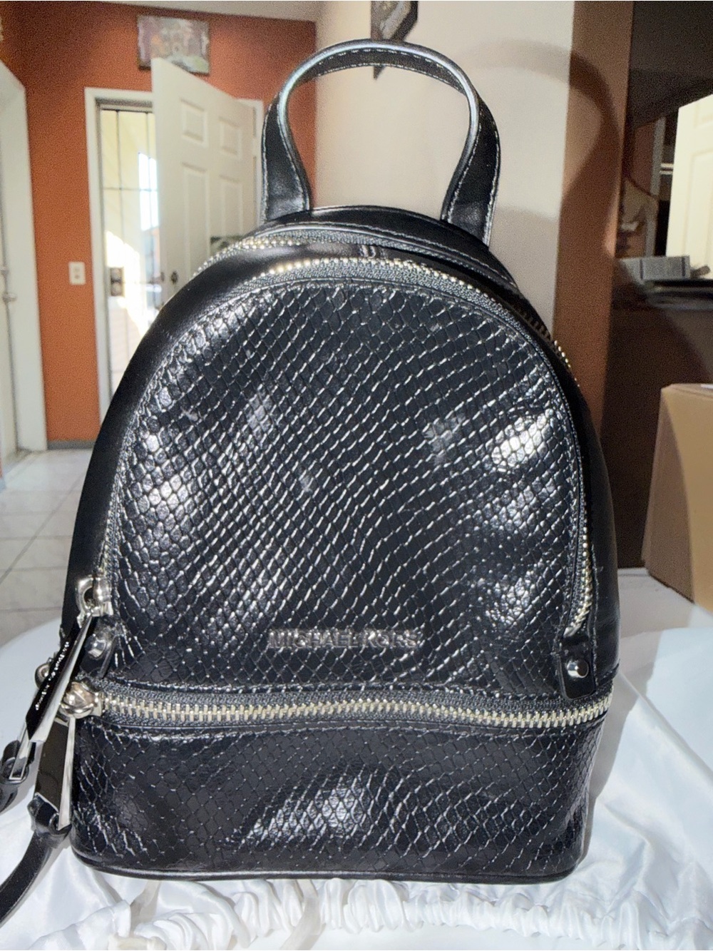 Michael Kors Black Snake-Textured Mini Backpack